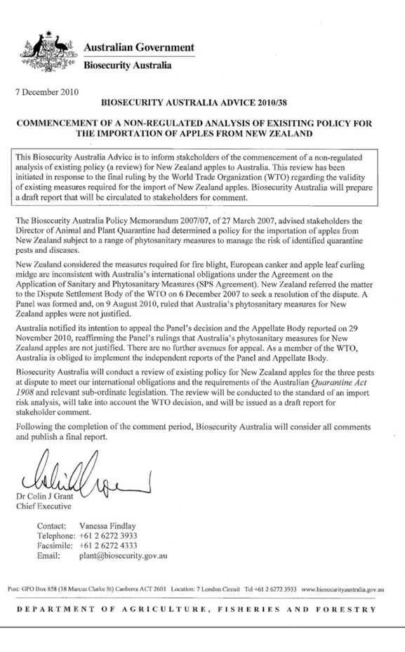 Biosecurity Australia Advice 2010/38